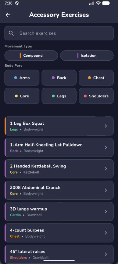 Browse the accessory exercise catalog