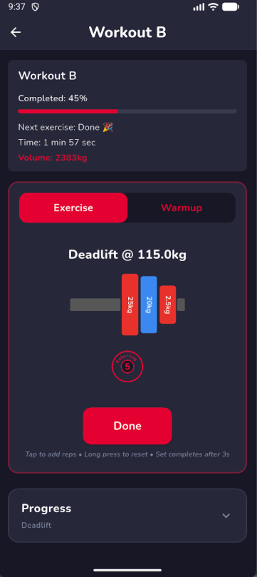 Logging exercise sets with plate visualization